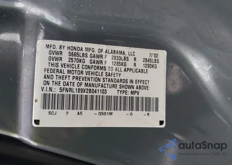 2002 Honda Odyssey Ex-L from USA, damaged, VIN 5FNRL189X2B041103